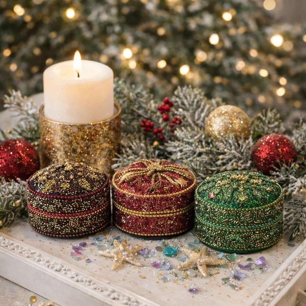Pier 1 Mini Jeweled Christmas Mini Boxes Set of 3 NWOT